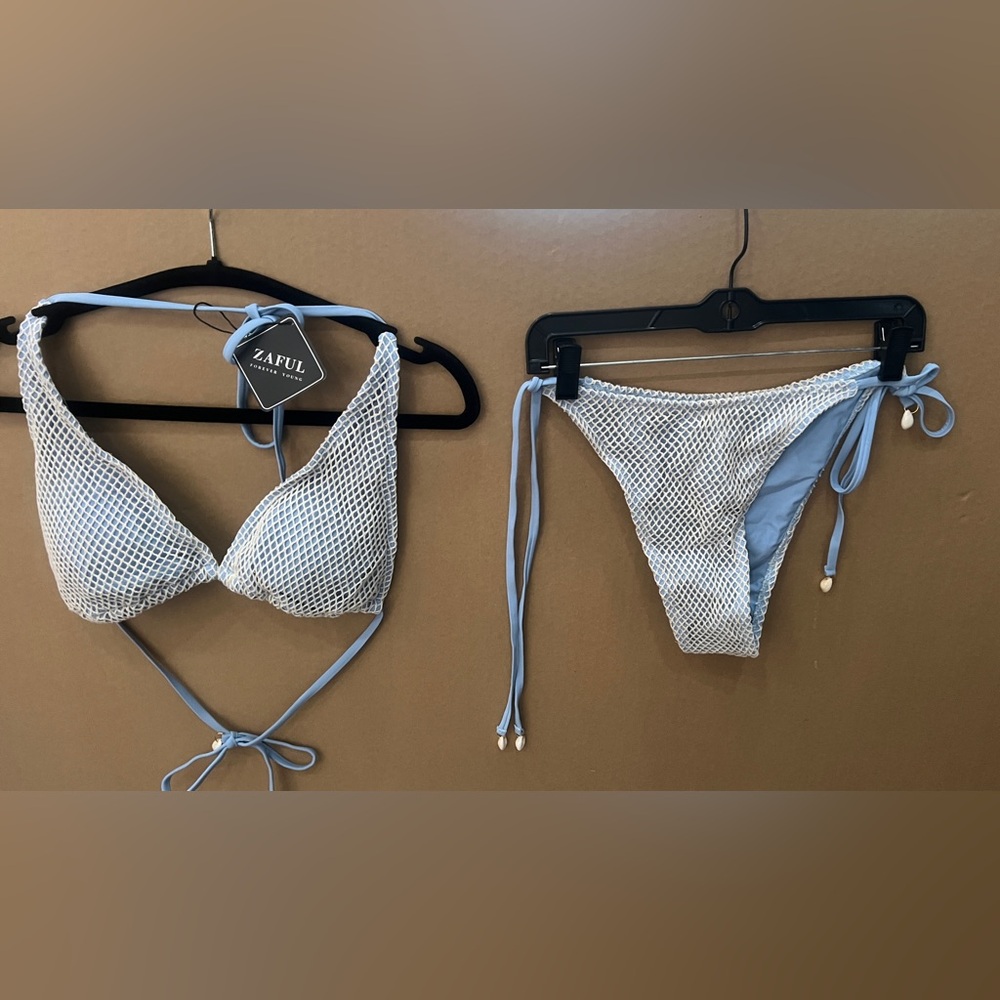 Zaful Mesh Bikini Set in White and Light Blue